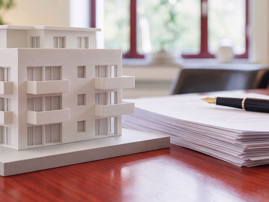 Weißes Architekturmodell eines Mehrfamilienhauses neben Vertragsunterlagen und Füllfederhalter