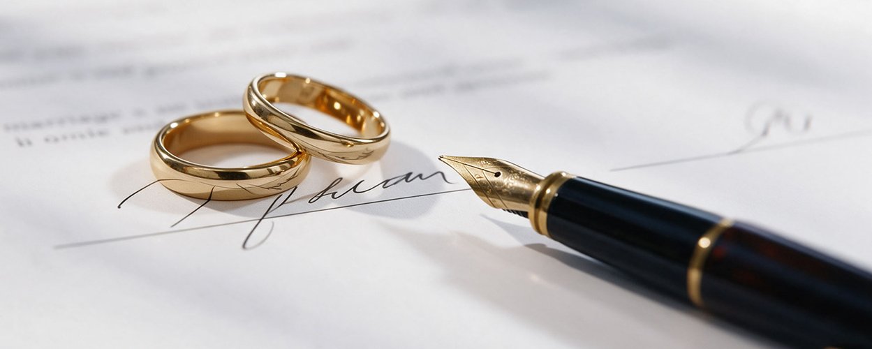 Zwei goldene Eheringe und ein Füllfederhalter auf einem unterschriebenen Dokument