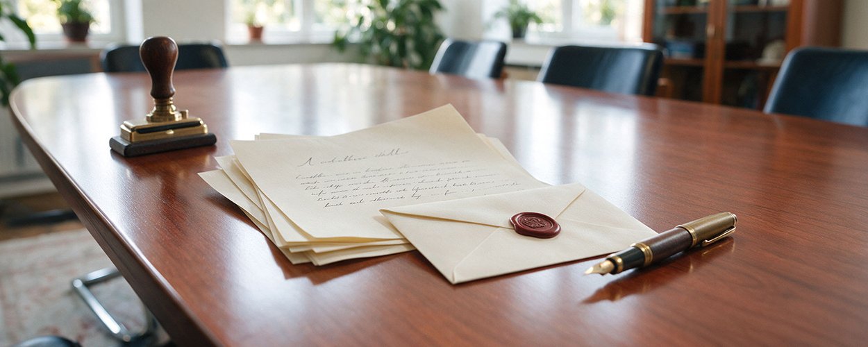 Mit rotem Wachssiegel verschlossener Briefumschlag, handschriftliche Schriftstücke und Füllfederhalter auf einem Besprechungstisch