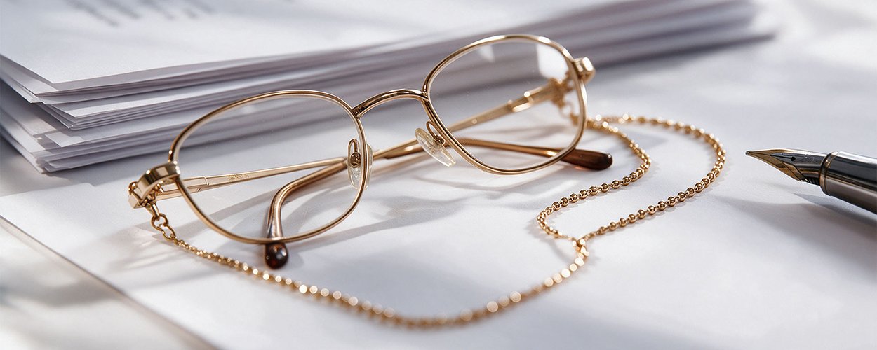 Lesebrille mit Brillenkette auf einem Stapel Dokumente