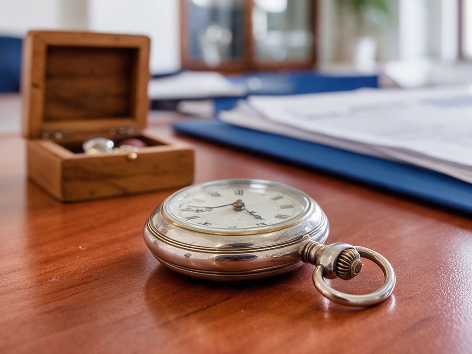 Taschenuhr, Holzschatulle und Mappe mit Unterlagen auf einem Schreibtisch